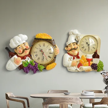 

Vintage Wall Clock Home Decoration Resin Chef Statue Watch Mute Quartz Clock Living Room Wall Decoration Wall Clock