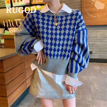 

RUGOD Autumn Winter New Style Chic Sweater Diomand Pattern Loose Pullover Korean Style Women Fashion 2019