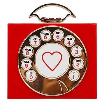 

QZUnique Women's Acrylic Telephone Shape Handbag Heart Printed Crossbody Bag Top Handle Shoulder Bag