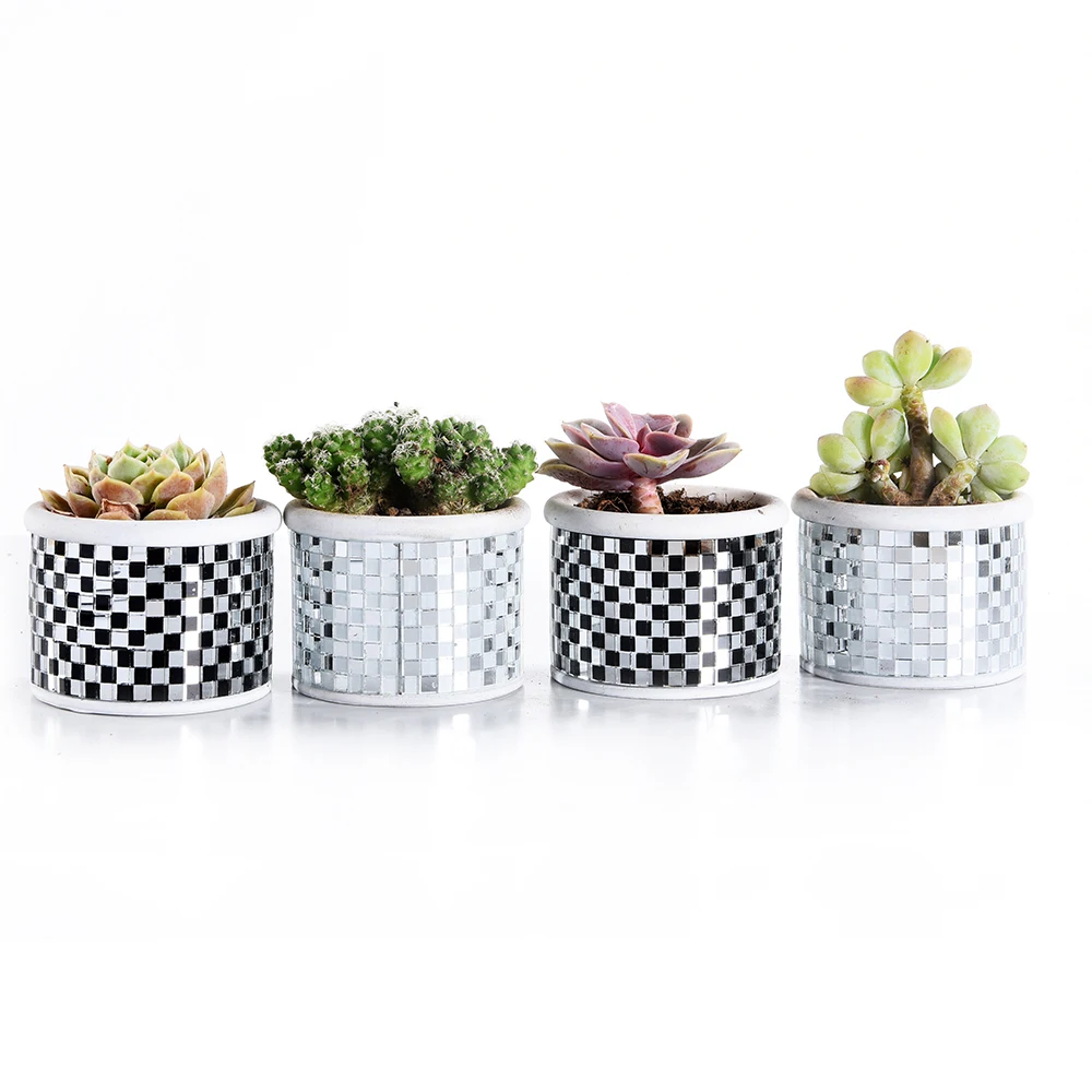 Modern Mosaic Glass Checkered Pattern Cement Succulent Cactus Planter,Pretty Plants/Flower Pot Tiny Flower Plant Containers