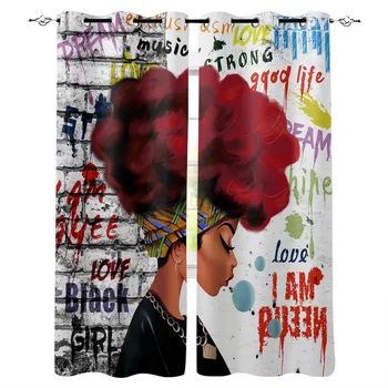 

African Woman Female Graffiti Wall Red Hair Window Curtains Curtain Rod Bathroom Kitchen Outdoor Bedroom Fabric Indoor Drapes