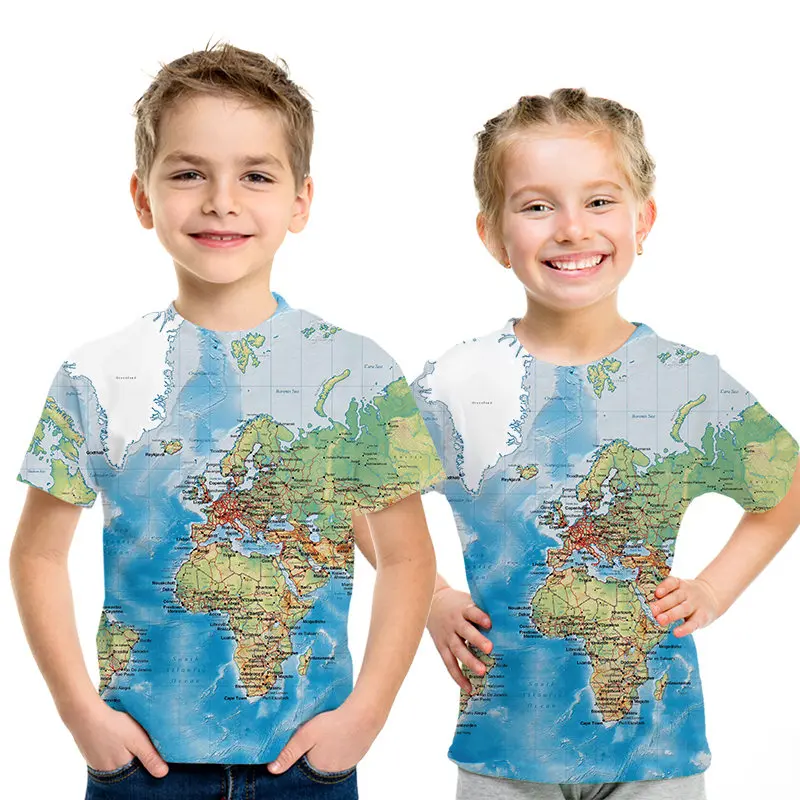 

Brand World Adventure Map Children T-shirt Funny Explorer T Shirts Summer Fashion Anime Tshirt 3D Kid Boys Girl Tops Tee 2020New