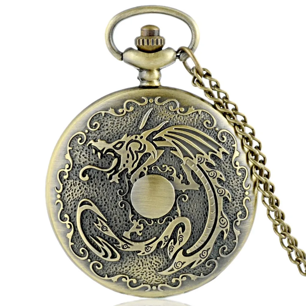 

IBEINA Full Hunter Chinese Dragon Theme Quartz Engraved Fob Retro Pendant Pocket Watch Chain Gift Fire Fighter Theme