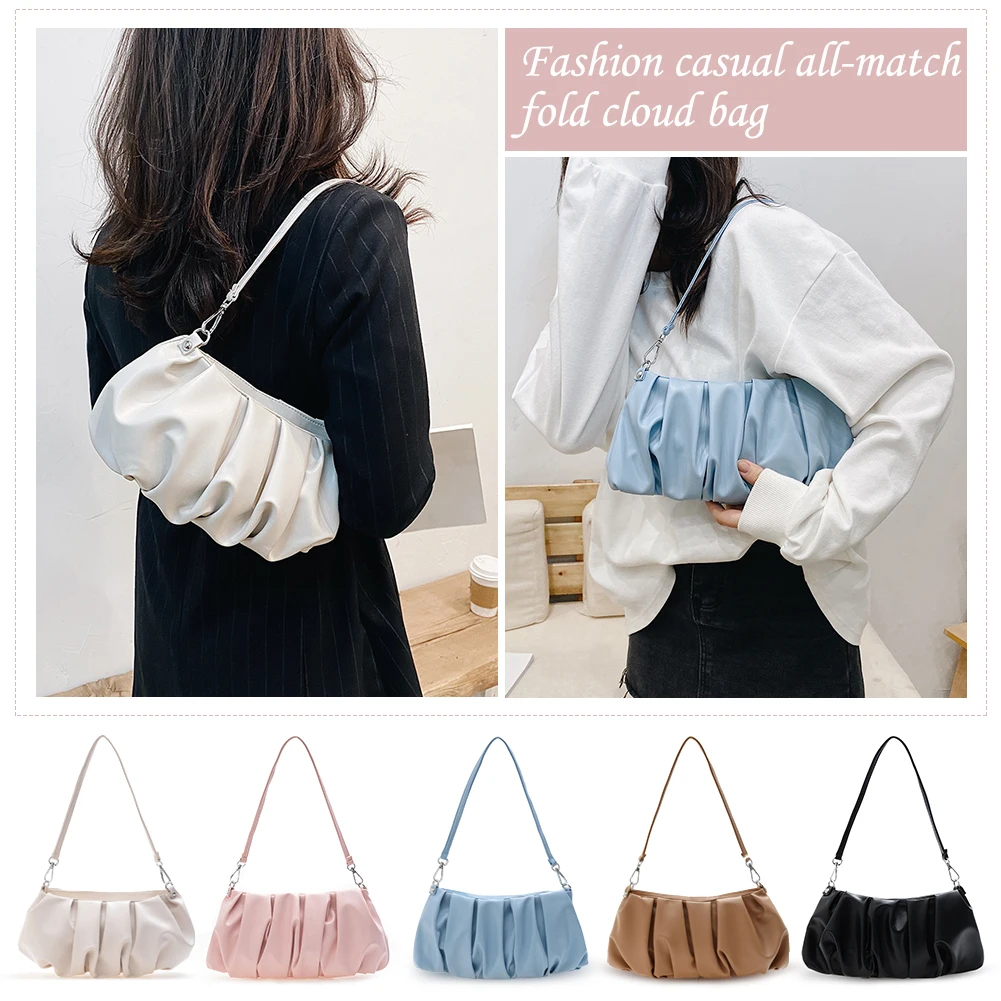 Casual Solid Leather Cloud Underarm Handbags Female Daily Pleated Shoulder Bags Fashion Exquisite Shopping Bag