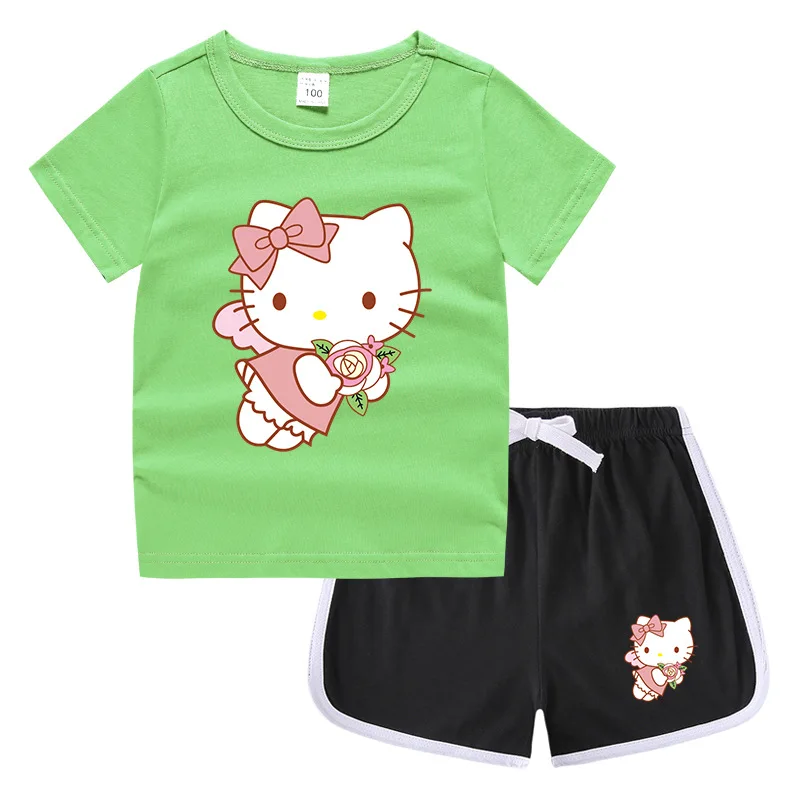thumbnail image 1 of Nuevo traje de Hello Kitty, camiseta bonita de dibujos animados + Pantalones calientes informales, camisa de fondo de dos piezas absorbente de sudor de algodón caramelo para niños, 1 of 5