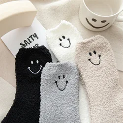 New Winter Looped Female Japanese Pure Color Embroidery Smile Coral Fleece Socks Institute Wind Upset Warm Socks