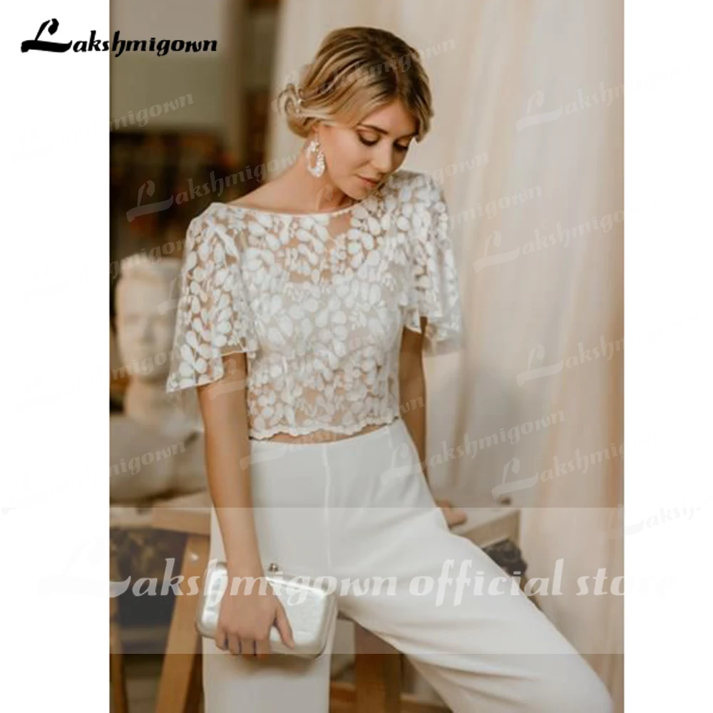 Sexy Two Pieces Pant Suit Wedding Dresses 2025 Lace Summer Jumpsuit Outfit Formal Bridal Party Gowns Open Back Customized 2