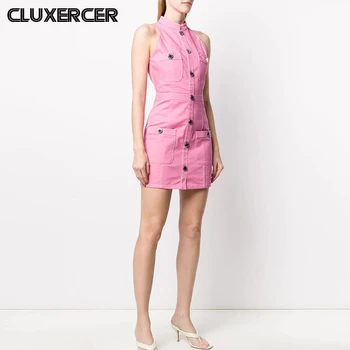 

Sexy Pink Off Shoulder Denim Dress Elegant Sleevess Slim Jeans Dresses Female Summer Bodycon Mini Party Vestidos