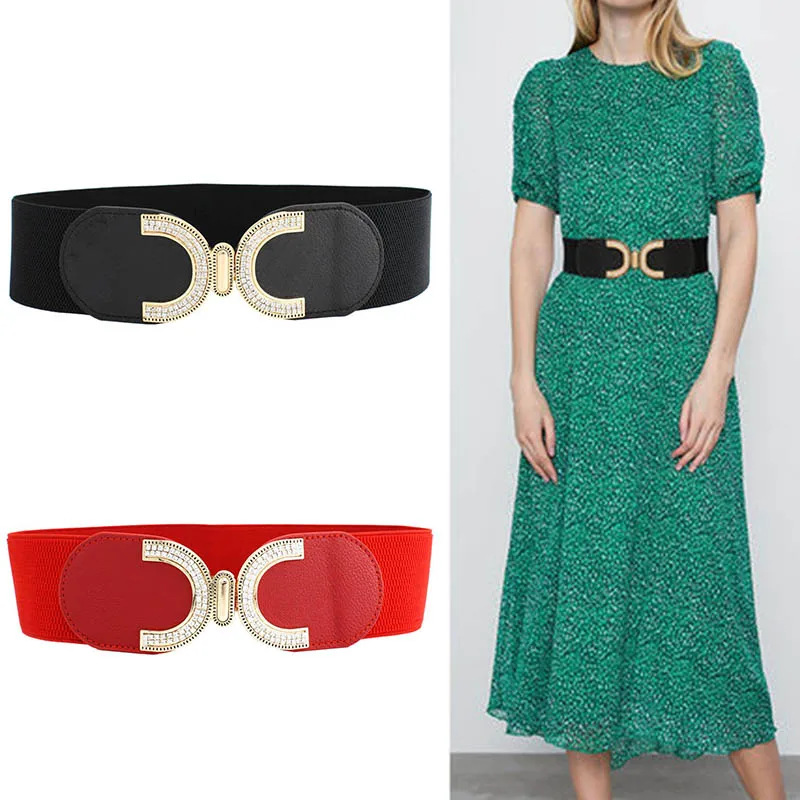

Fashion Women Elastic Belts Designer Luxury Brand PU Leather Rhinestone Buckle Waist Strap Dress Coat Sweater Decorative Belt
