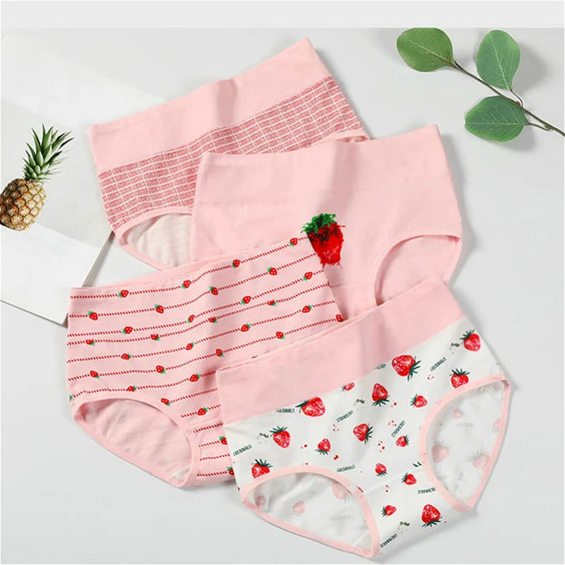 4pcs Women Panties Sexy Cotton Underwear Girls Cute Pink Cartoon Strawberry Printed Intimate Briefs Lady Breathable Underpants