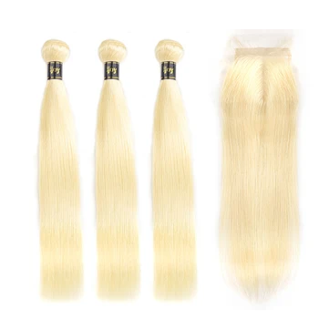 

Human Hair Bundles With 4x4 Closure Brazilian Hair 3 Bundles With Closure 613 Blonde Colored Straight Bundles Non-Remy IJOY