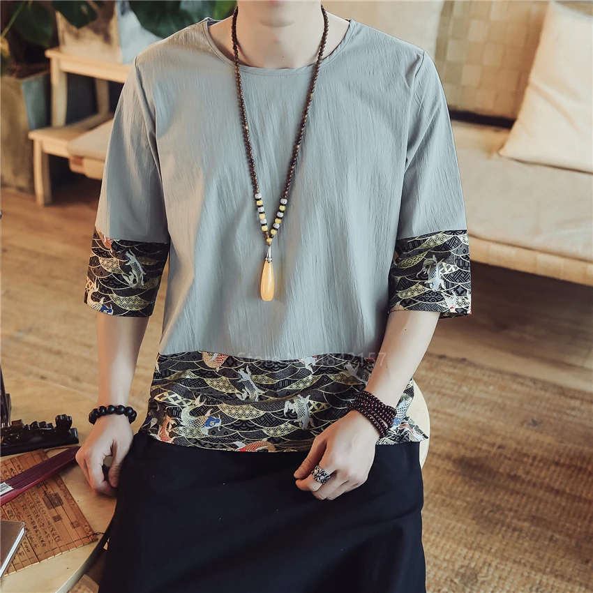 Summer Vintage Shirts Embroidery Chinese Top Cotton Linen Carp Kung Fu Hanfu Traditional Chinese Clothing for Men Blouse