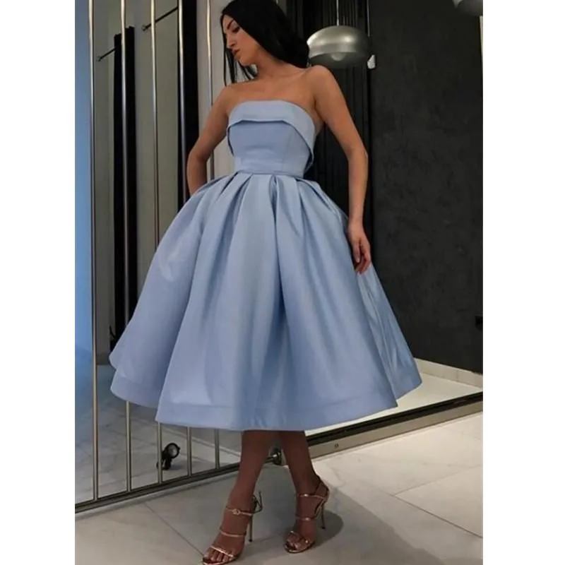 

Simple Cheap Baby Blue A Line Cocktail Dresses Strapless Tea Length Satin Prom Dress Pleats Formal Dress Party Dress Vestidos