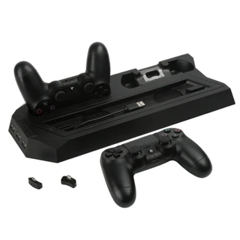 

HOT-Suitable for PS4 Slim Pro 2-In-1 Vertical Stand with Dual Controller Charging Station Base HUB Port Cooling Fan