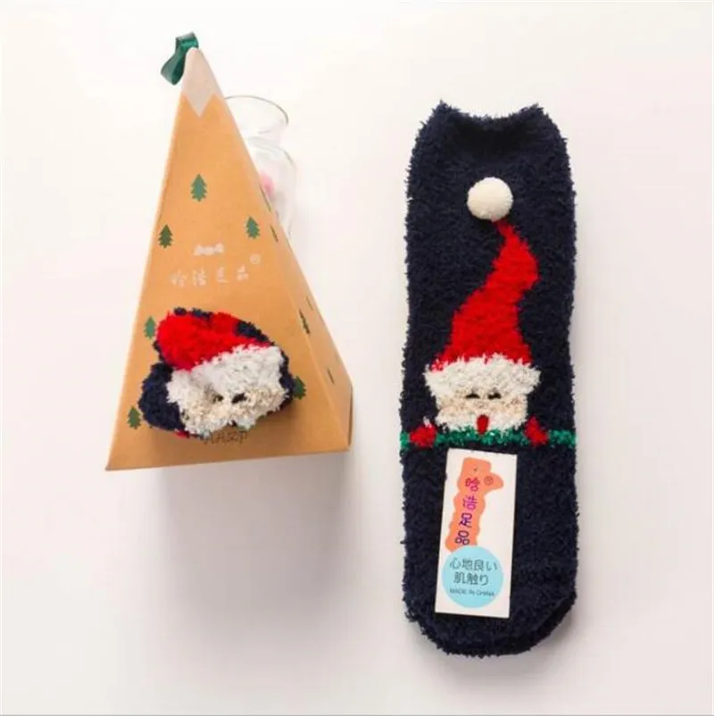 

2019 winter Christmas socks 3D Design Fluffy Coral Velvet Thick Warm Socks For Women Towel Floor Sleeping Socks Sox Gift Box