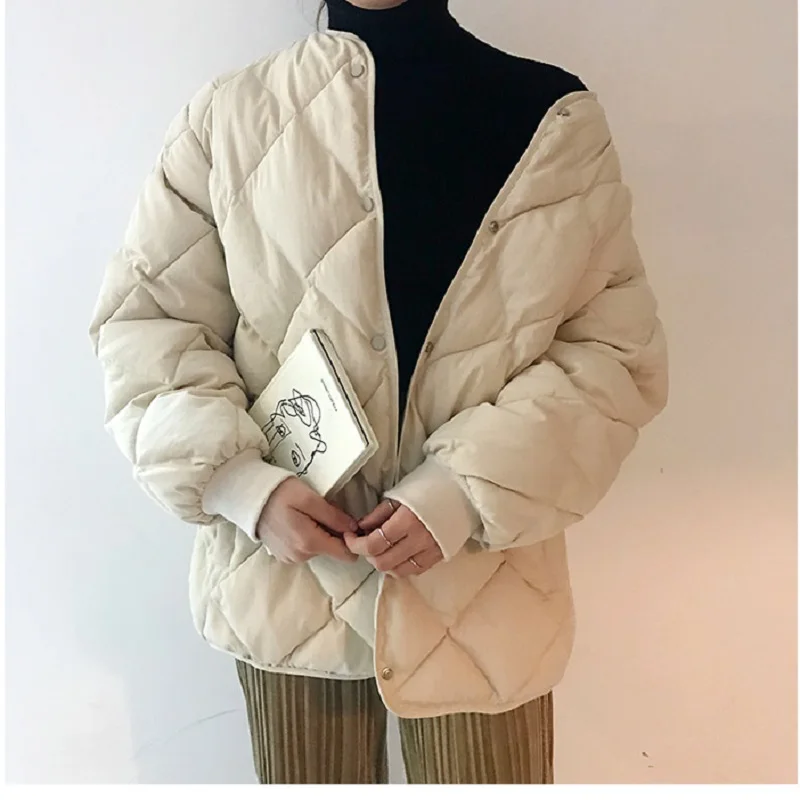 beige Зимняя женская Корейская винтажная Толстая однотонная куртка с ромбовидной решеткой в стиле Харадзюку, женская модная свободная повседневная куртка больших размеров - Цвет: beige