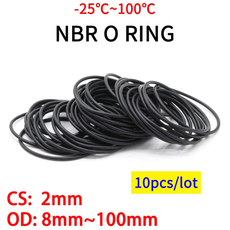 Junta tórica negra para automóvil, arandela de sellado resistente a la corrosión y al aceite, CS, 2mm, OD, 8mm ~ 100mm, NBR, goma de nitrilo redonda O de tipo redondo, 10 Uds.