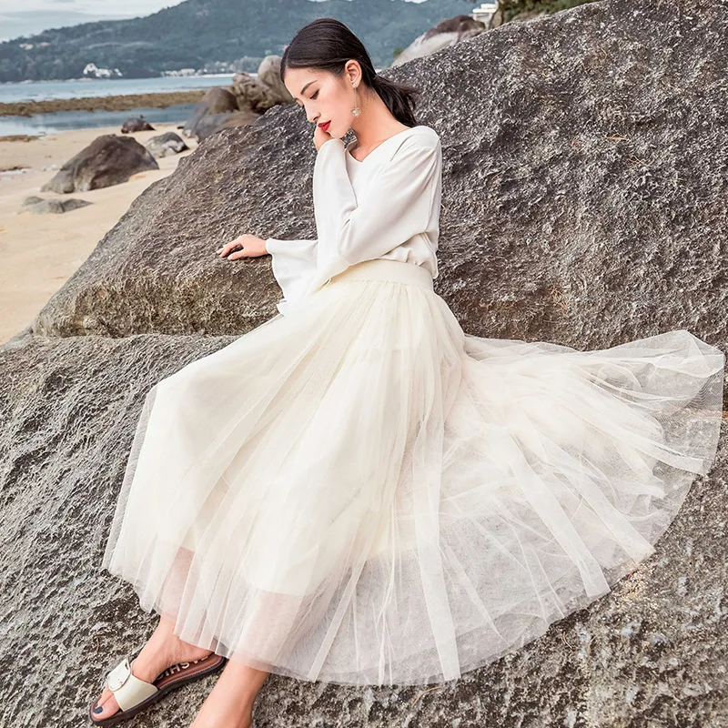 

2019 Early Spring New Style Immortal Big Hemline Three Layer Gauze Skirt Long Skirts