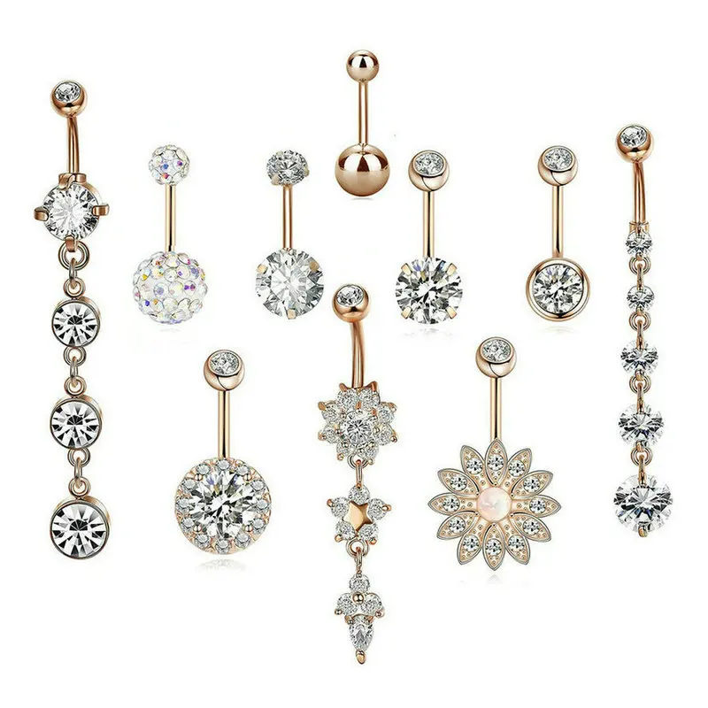 10pcs/lot Clear CZ Belly Ring Dangle Stainless Steel Navel Button Body Piercing Jewelry |