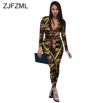 

Camouflage Sexy Long Sleeve Bodysuit Women V Neck Front Zipper Skinny Overall Plus Size Neon Stripe Bandage Party Club Jumpsuits