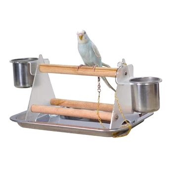 

Small Pet Bird Play Stand Acrylic Bar With 2 Stainless Steel Tray Feeders Parrot Perch And Feeding Bowls For Water And Food