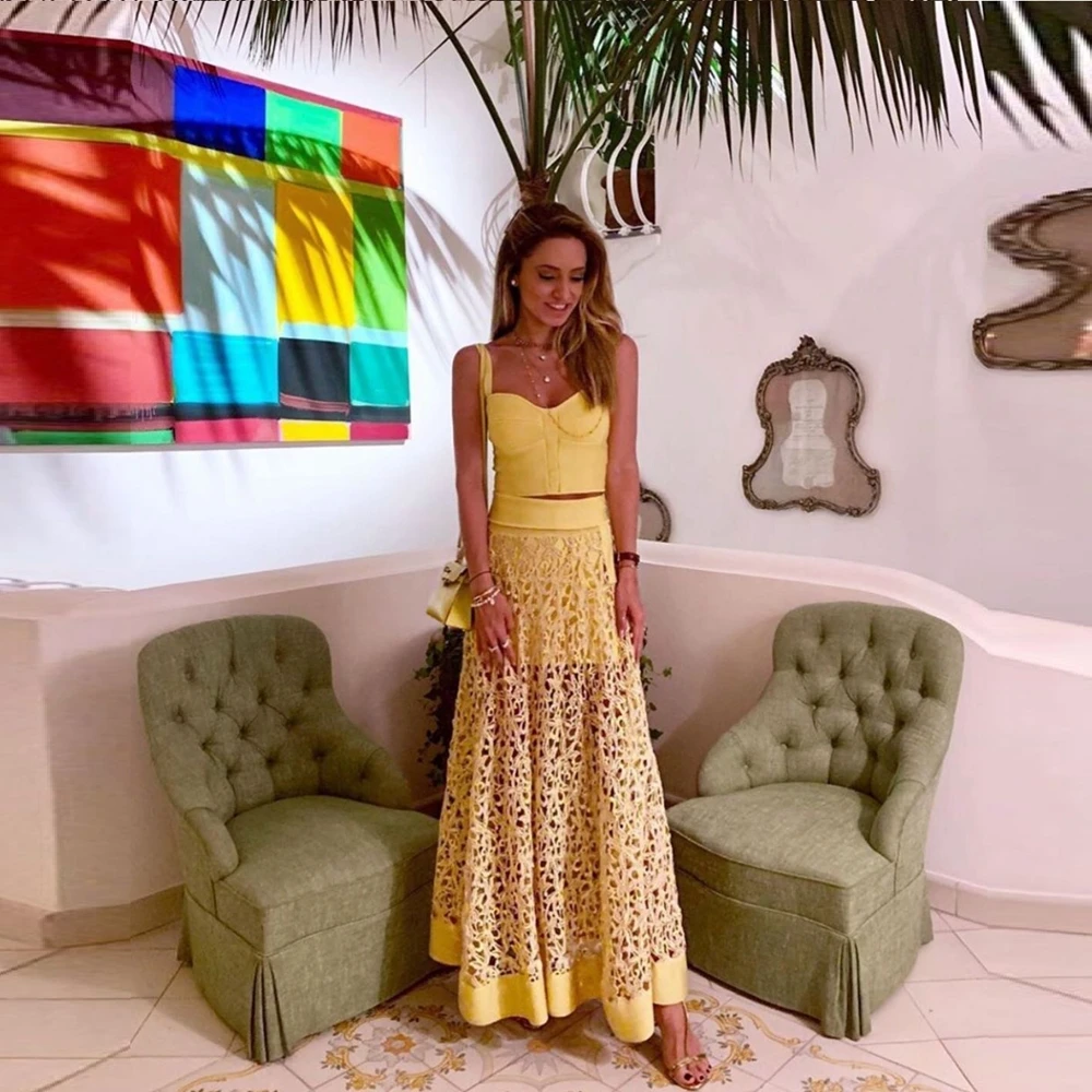 2020 Vrouwen Geel Hollow Out Lange Maxi Spaghetti Avond Celebrity Party Twee 2 Stuks Elegante Vestidos Bandage Jurk 2020 Vrouwen Geel Hollow Out Lange Maxi Spaghetti Avond Celebrity Party Twee 2 Stuks Elegante Vestidos Bandage Jurk
