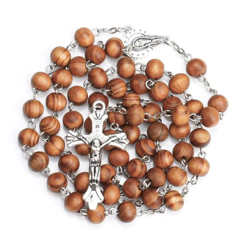 Handmade Round Bead Catholic Rosary Cross Religious Wood Beads Necklace Gift M6CE