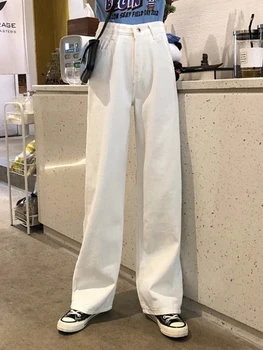 

2019 Autumn Korean Version of Loose High Waisted White Wide Leg Jeans Long Pants Tide