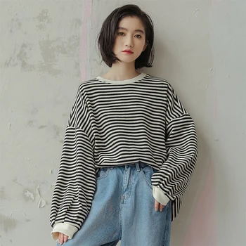 

2020 spring autumn Pullovers Women Tracksuits Stripe Lady Casual O-neck Sweatshirt Loose Oversized Tops