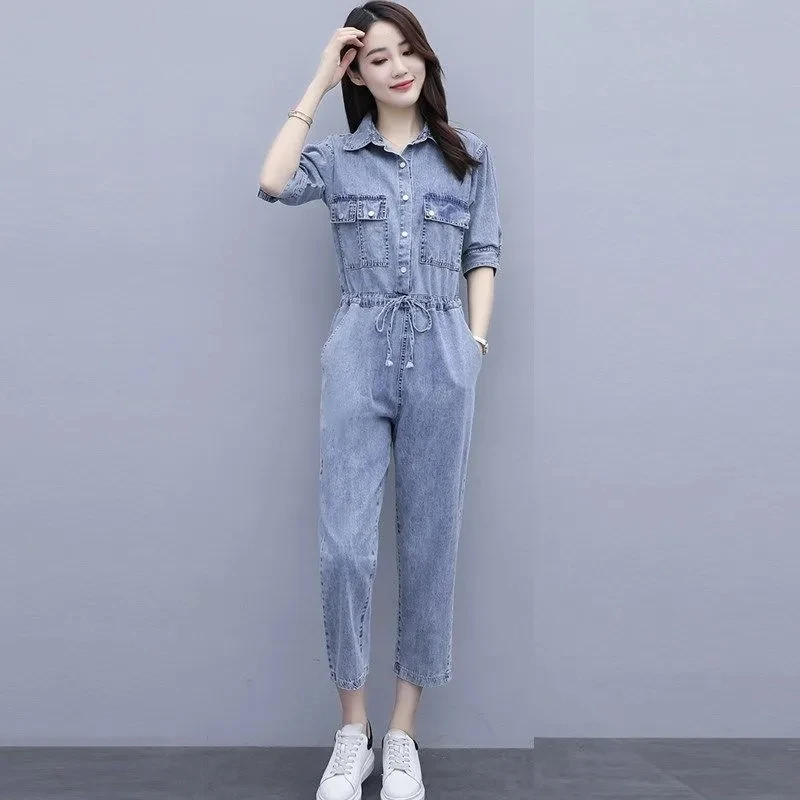 Women Sets Mid-Sleeve Denim Jumpsuit Buttons Women Summer 2024 New One Piece Suit Femme Lace Up Playsuit Female Pocket Pants Set