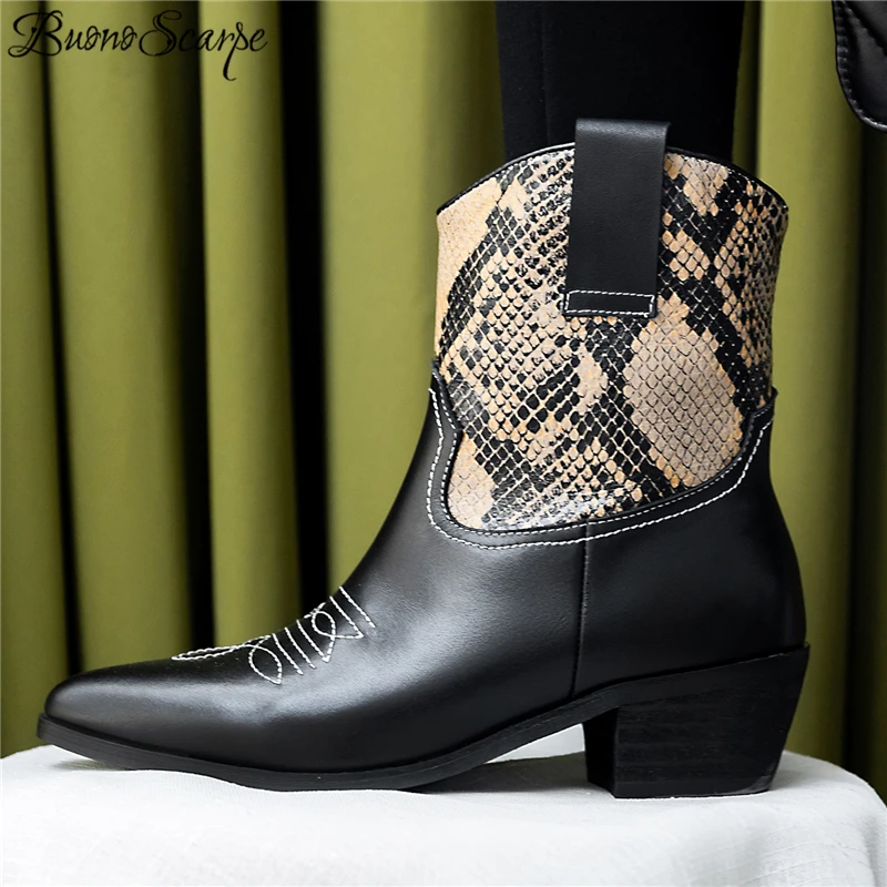 

Buono Scarpe Winter Western Cowboy Ankle Boots Pointed Toe Animal Printed Leather Shoes Snakeskin Patchwork Embroidered Boots