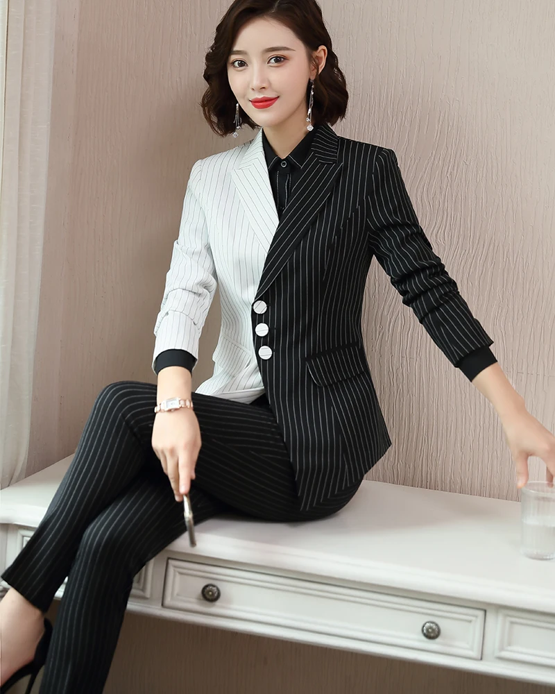Модный женский черно-белый Асимметричный Полосатый брючный костюм офисный женский OL пиджак блейзер и брюки комплект из 2 предметов
