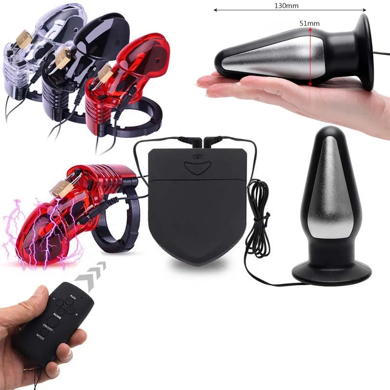 Wireless Remote Electric Shock Male Chastity Cock Cage Ball Stretcher,Electro Stimulation Big Anal Plug Penis Ring BDSM Sex Tool