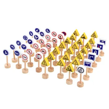 

New 50Pcs Wooden Street Road Traffic Signs Model Block Educational Kids Toy DIY Mini Signpost Traffic Scene Educational Toys New