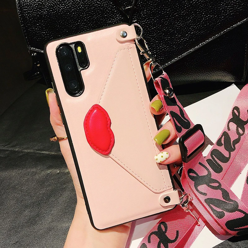 Lip Pink With Strap Кожаный чехол-кошелек с 3D изображением когтей кошки губ Для huawei P20 Lite P30 Pro mate 20 20X Honor 10 Nova 5 чехлы с сердечками+ ремешок - Цвет: Lip Pink With Strap
