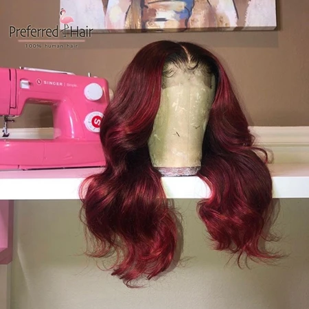 Ombre Dark Red Предпочтительный Remy бразильский синий блонд до черный Омбре человеческие волосы на кружеве парик предварительно выщипанные прозрачные кружевные парики для черных женщин - Цвет: Ombre Dark Red