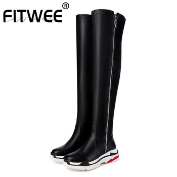 

FITWEE Plus 29-46 Women Zipper Platform Stretch Boots Over Knee Boots Casual Women Flat Shoes Winter Warm Fur Fashion Footwear