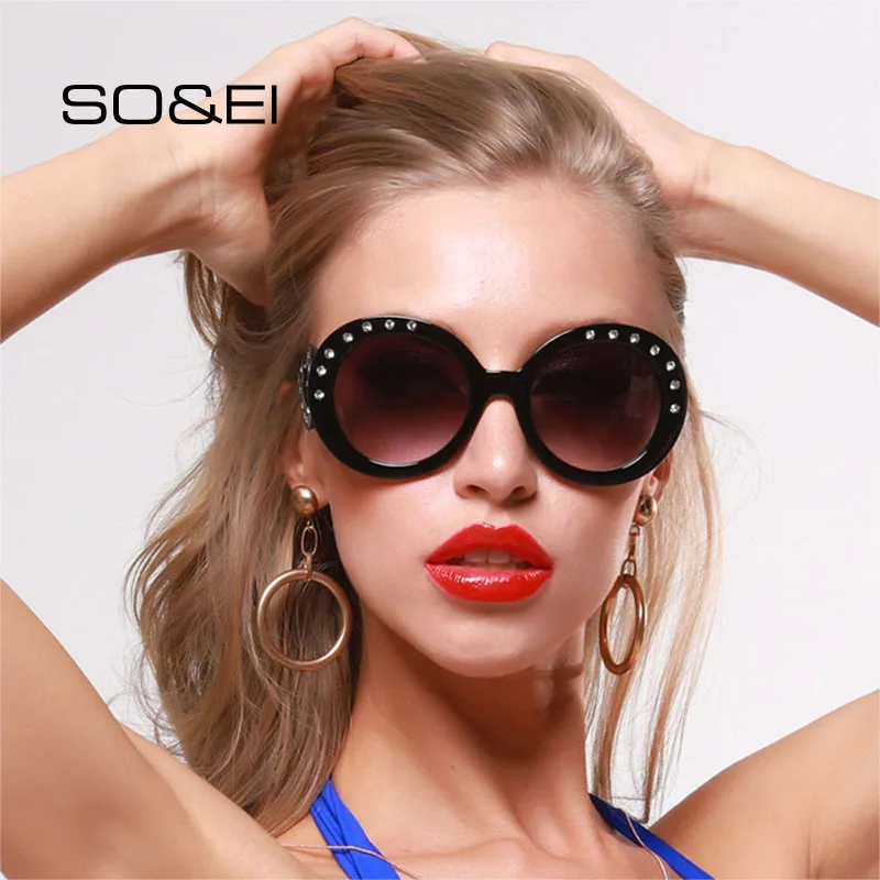 SO&EI Fashion Cute Oval Women Sunglasses Luxury Diamond Decorative