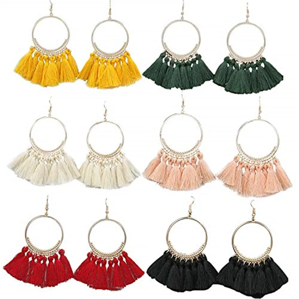 

6 Pairs Tassel Earrings Hypoallergenic Big Hoop Dangle Fringe Boho Colorful Piercing Chandelier Statement Tortoise Shell Earring