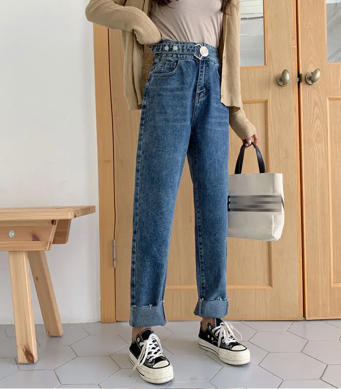 Loose Jeans Woman New Fashionthin Solid Color Big Buckle Straight Pants Wool Side Jeans Long Pants Women High Waist Woman