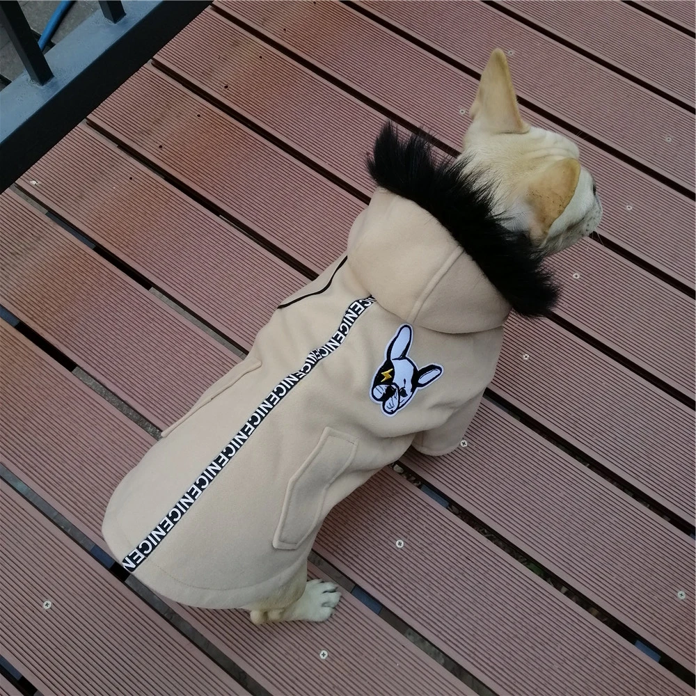 Зимняя куртка для собак Французский бульдог вышивка аппликация меховой воротник одежда с капюшоном для собак для маленьких средних пород стильная одежда для домашних животных