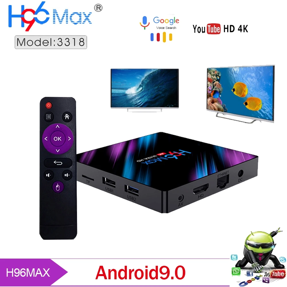 

Android 9.0 TV Box H96 MAX RK3318 Quad-Core 64bit Wi-Fi-Dual 5G/2.4G BT 4.0 4K*2K UHD H.265 USB 3.04GB RAM 64GB ROM
