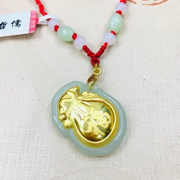 

Zheru Jewelry Pure natural Hetian jade pendant 24K gold inlaid small good luck Fu lock pendant Necklace Send certificate