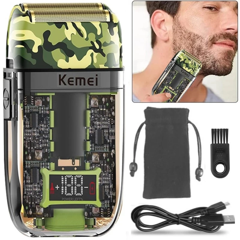 Kemei Electric Shaver Beard Stubble Razor Bald Shaving Machine Powerful Transparent Camouflage Green Body Trimmer KM-TX7 виброхвост helios shaggy electric green 8 5 см 5 шт hs 16 007