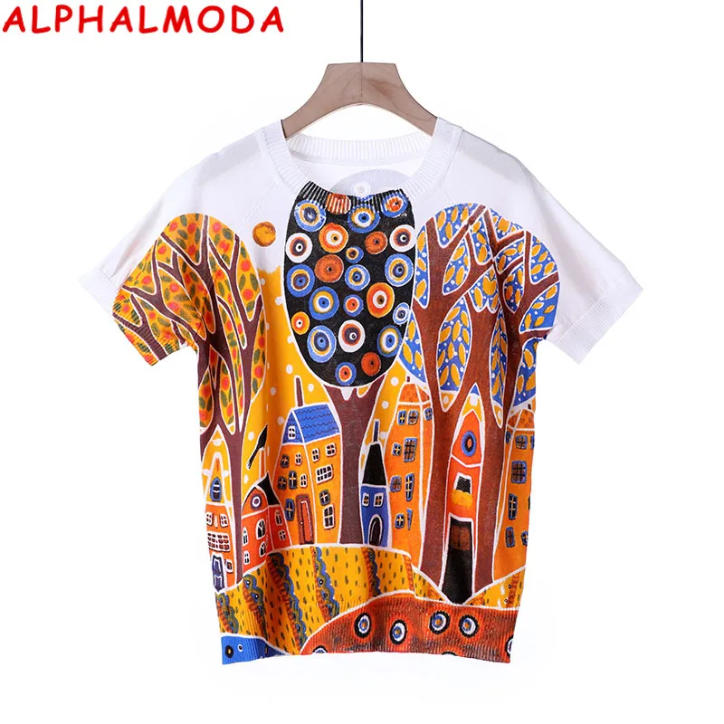 Женский вязаный свитер ALPHALMODA пуловер с короткими рукавами и принтом в