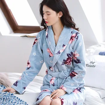 

Newest Thicken Warm Soft Flannel Robe Female Winter Long Bathrobe Sexy V-Neck Women Kimono Nightgown Lounge Sleepwear Bath Robe
