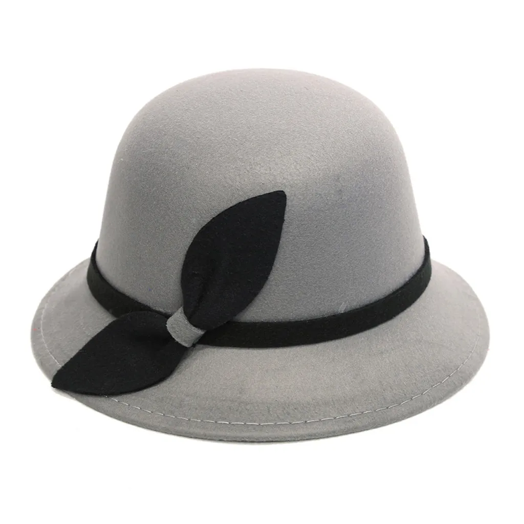 Женские шапки-котелки из искусственной шерсти, модная кепка-котелок с бантом, новинка, весна-осень, простая модная повседневная элегантная шапка - Цвет: Серый