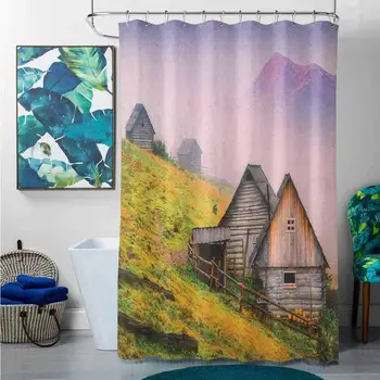 

Shower Curtains Green Leaves Rustic,Nature Wooden Houses in A Carpathian Mountains Ukraine Early Misty Morning Picture, Green