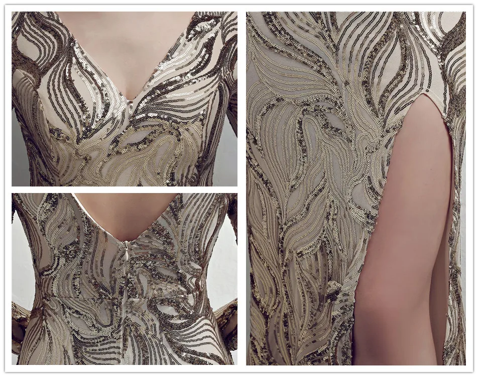 Вечернее платье Русалка, длинное, расшитое блестками, Robe De Soiree, DX336-2,, длинные рукава, женские вечерние платья, золотые сексуальные вечерние платья с v-образным вырезом
