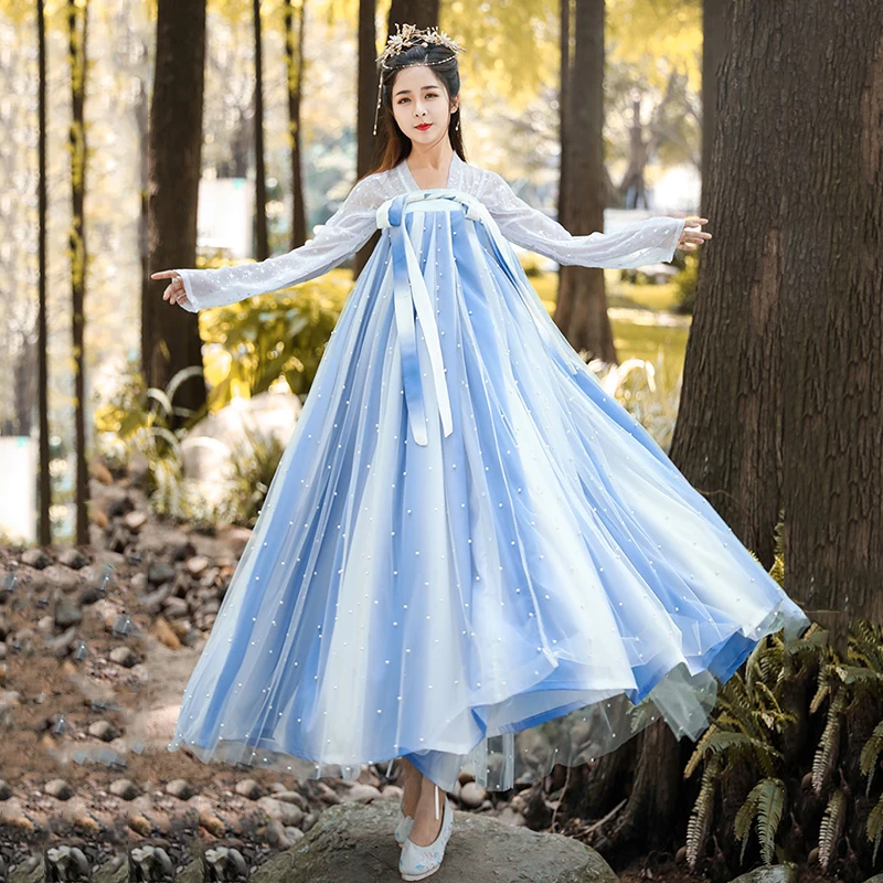 Женское сказочное платье Hanfu синего цвета с вышивкой костюм для классических